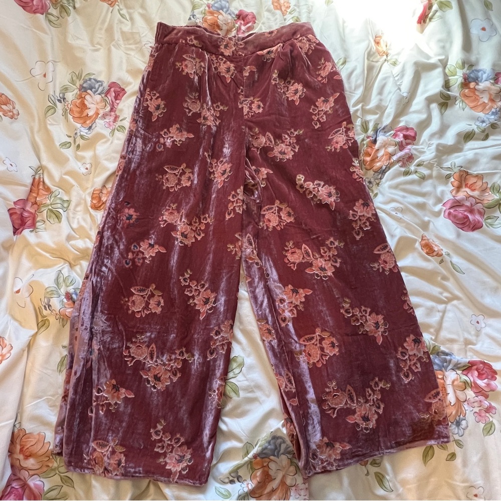 Anthropologie Hutch Floral Wide Leg Pants - Burgundy and Pink